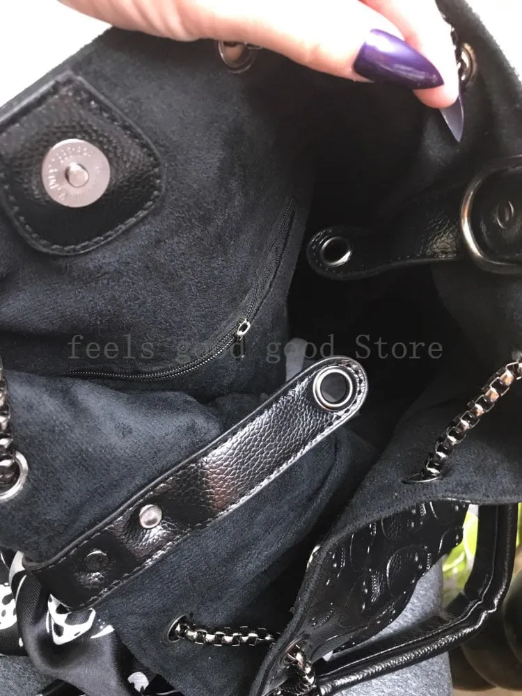 2 Pcs Fashion Skull Women Handbag Shoulder Bag /Tote Purse Leather Crossbody Bag With Fashion Scarf Black Handbags