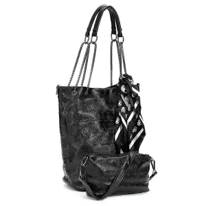 2 Pcs Fashion Skull Women Handbag Shoulder Bag /Tote Purse Leather Crossbody Bag With Fashion Scarf Black Handbags