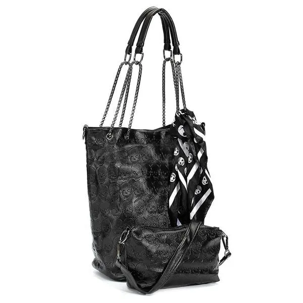 2 Pcs Fashion Skull Women Handbag Shoulder Bag /Tote Purse Leather Crossbody Bag With Fashion Scarf Black Handbags