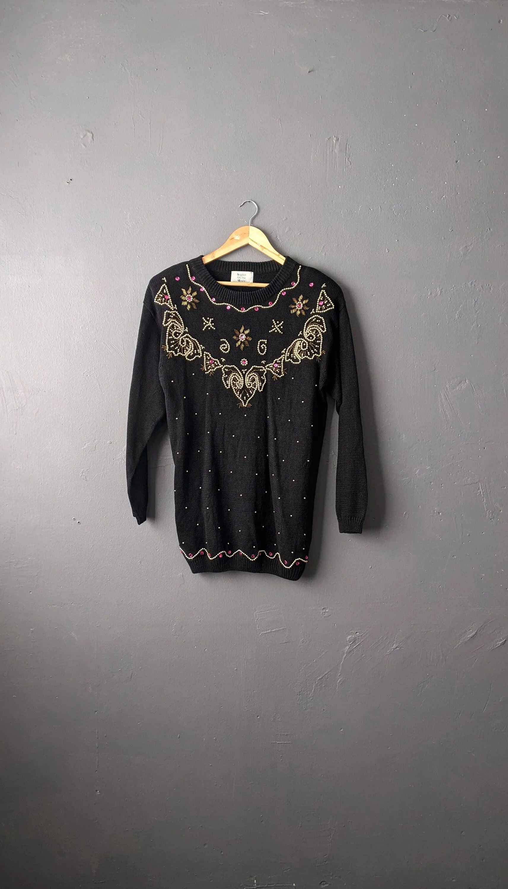 80s Embellished Gem Sweater by Sophie Teale, Kitsch Party Jumper, Size Medium Large