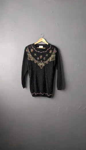 80s Embellished Gem Sweater by Sophie Teale, Kitsch Party Jumper, Size Medium Large