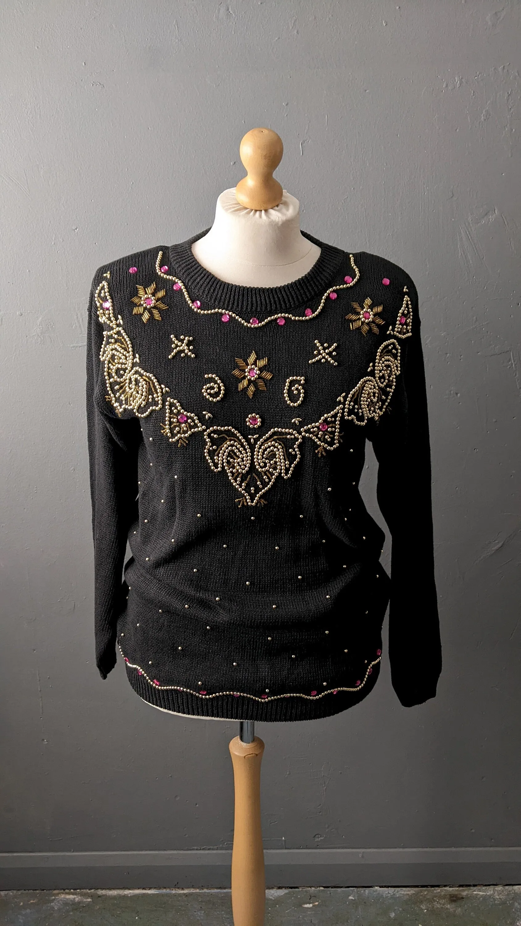 80s Embellished Gem Sweater by Sophie Teale, Kitsch Party Jumper, Size Medium Large