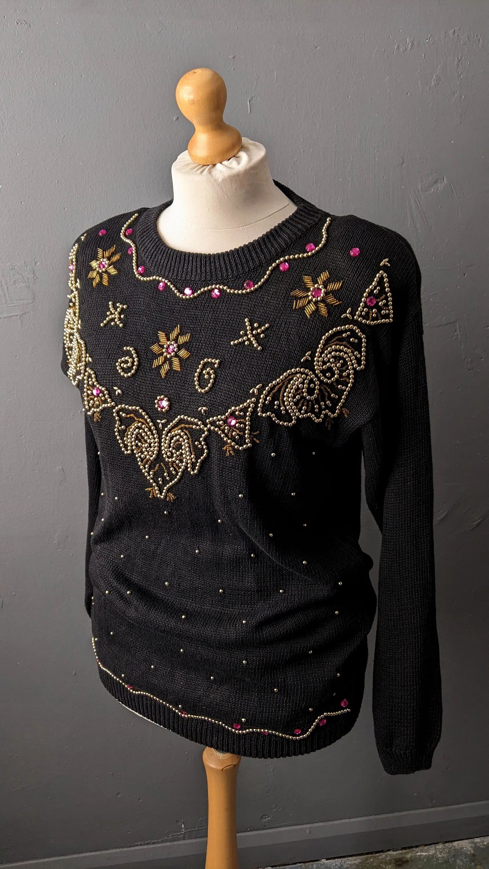 80s Embellished Gem Sweater by Sophie Teale, Kitsch Party Jumper, Size Medium Large