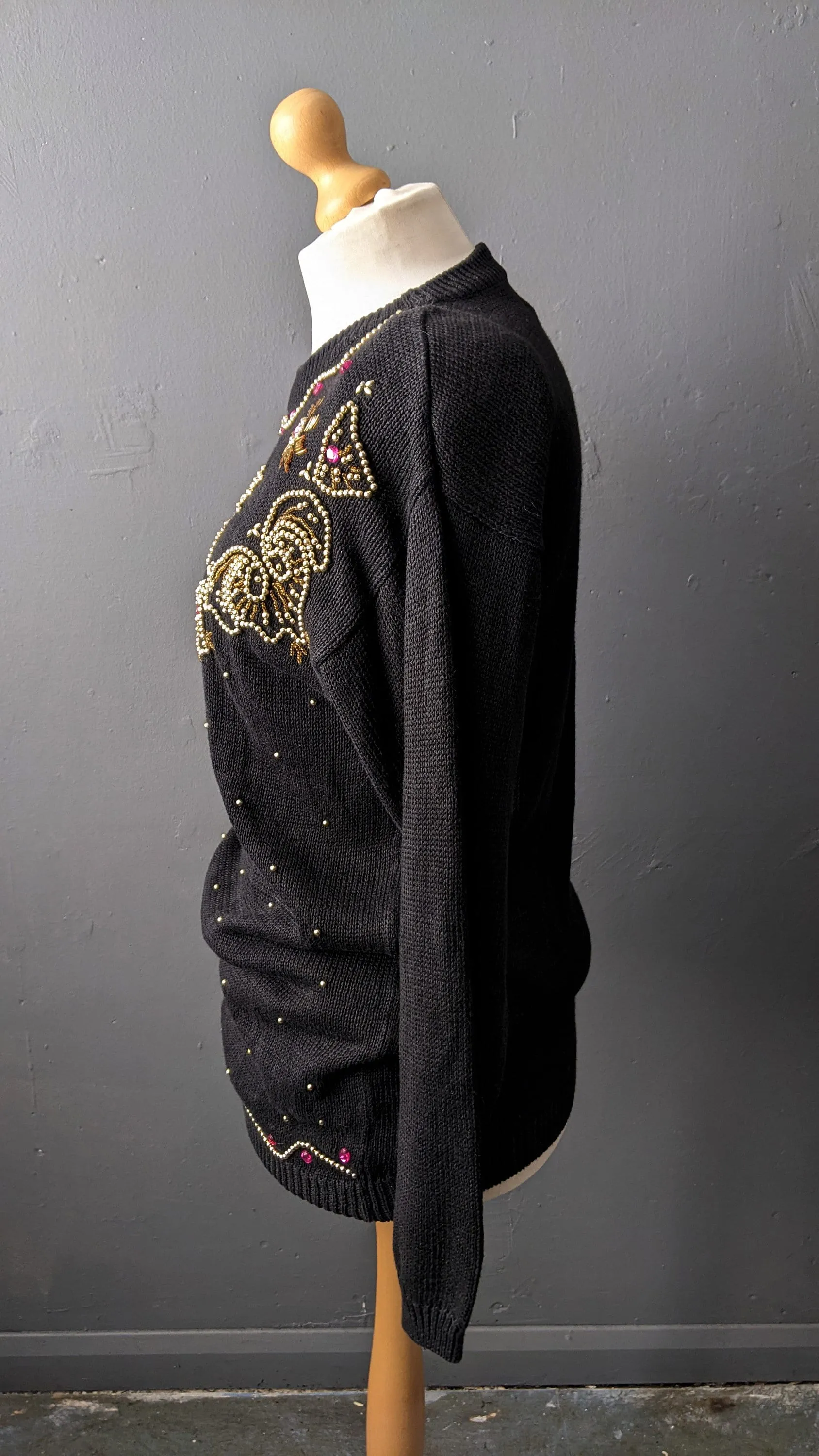 80s Embellished Gem Sweater by Sophie Teale, Kitsch Party Jumper, Size Medium Large