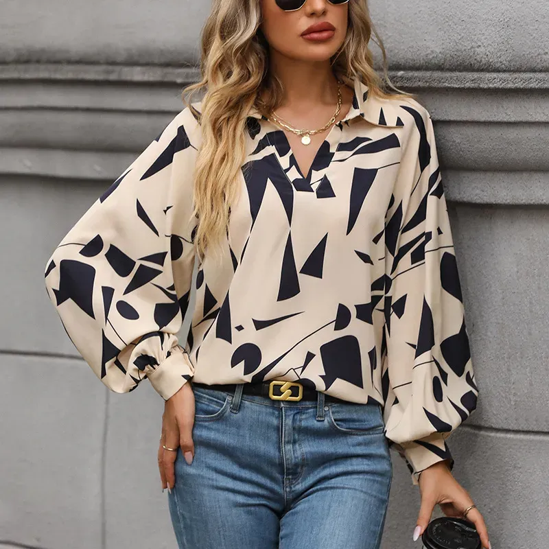 Abstract Charm Printed Collared Long Sleeve Blouse