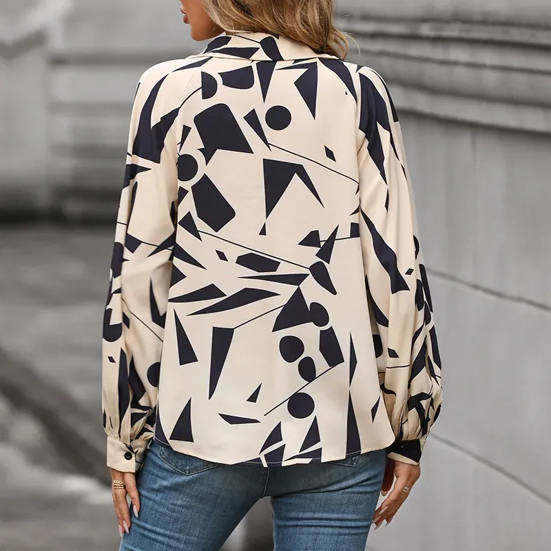 Abstract Charm Printed Collared Long Sleeve Blouse