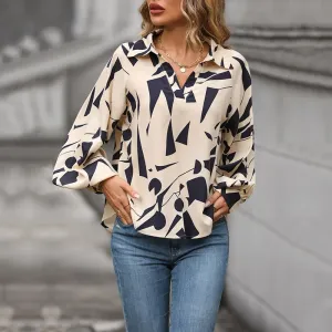 Abstract Charm Printed Collared Long Sleeve Blouse