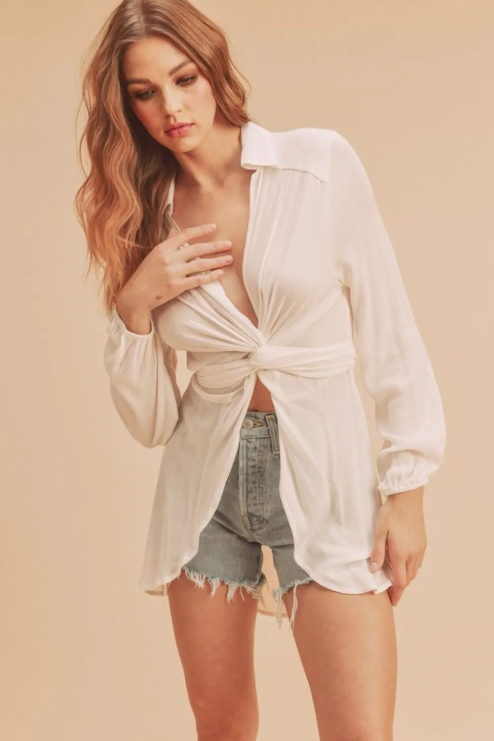 Aemi   Co Tied Collared Neck Long Sleeve Top