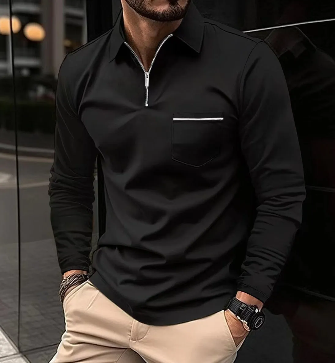 Alfons - Polo im Golfstil mit langen Ärmeln und Reißverschlusskragen