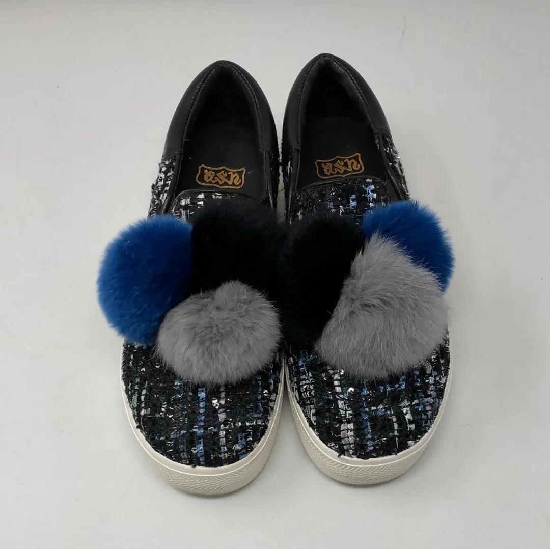 ASH Black and Blue Tweed PomPom covered Slip On