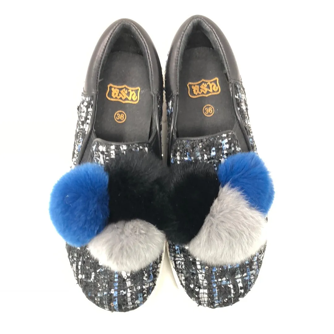 ASH Black and Blue Tweed PomPom covered Slip On