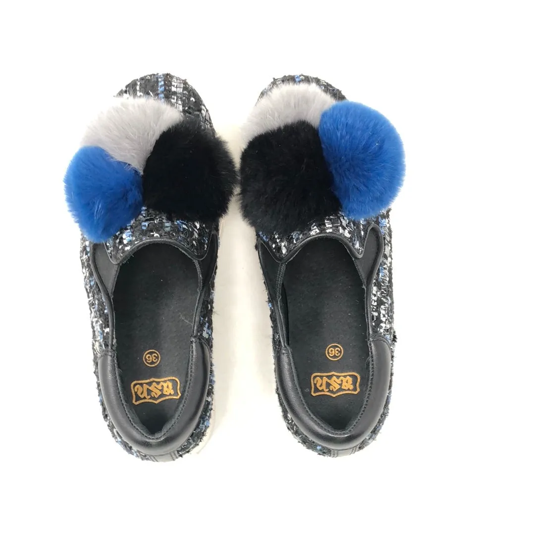ASH Black and Blue Tweed PomPom covered Slip On