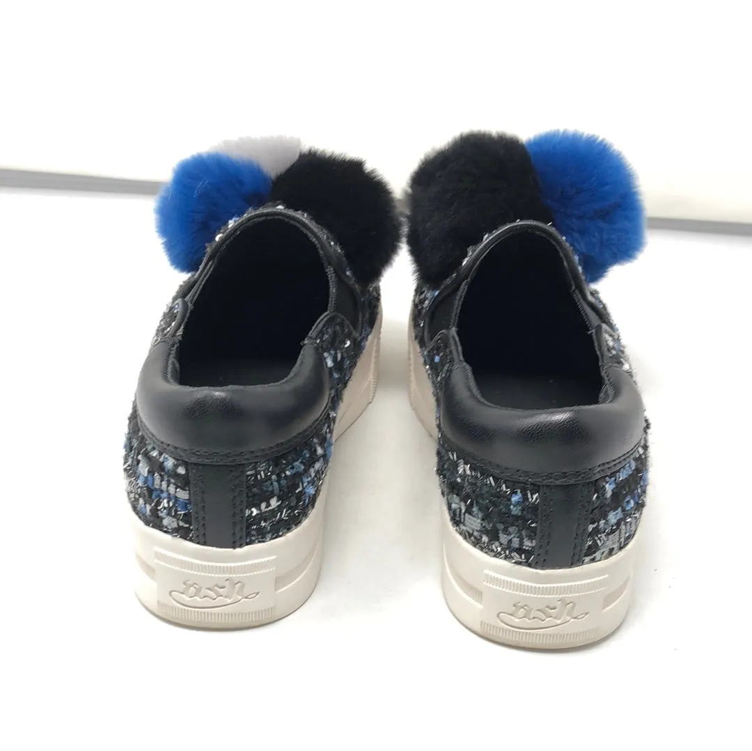 ASH Black and Blue Tweed PomPom covered Slip On