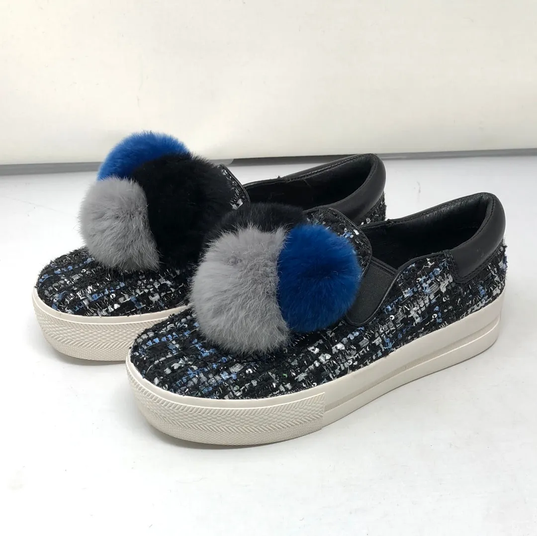 ASH Black and Blue Tweed PomPom covered Slip On