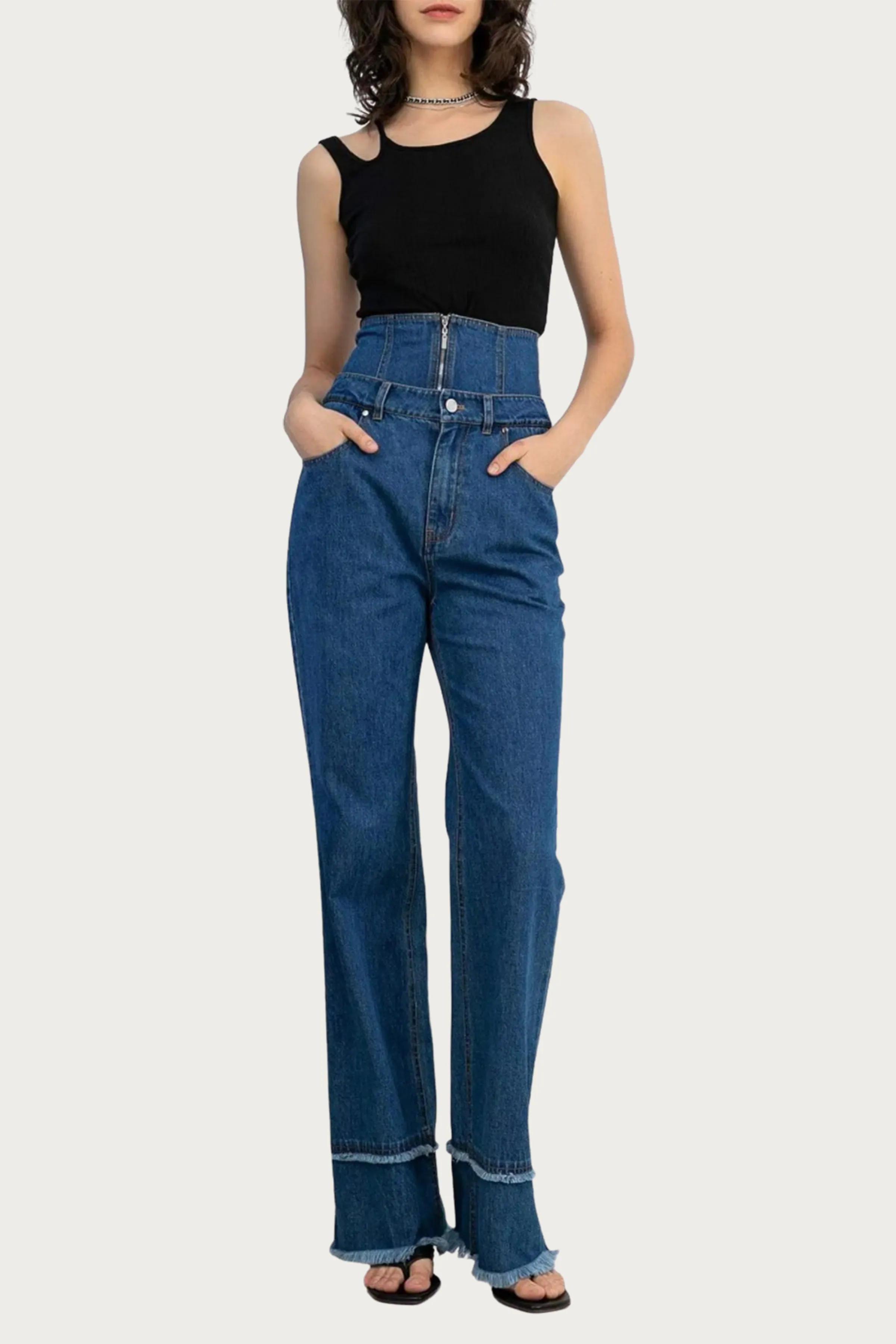ASHLYN DOUBLE-WAISTED LAYERED HIGH-RISE JEANS