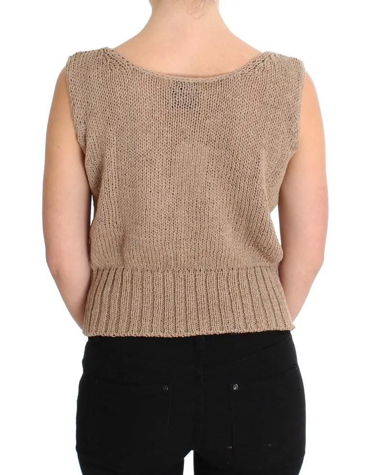 Beige Cotton Knitted Sleeveless Sweater