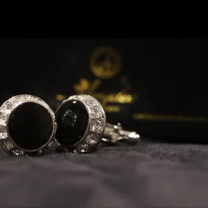 Black Mens Stainless Steel Round with Stones Cufflinks for Shirt with Box - Hand Crafted Perfect