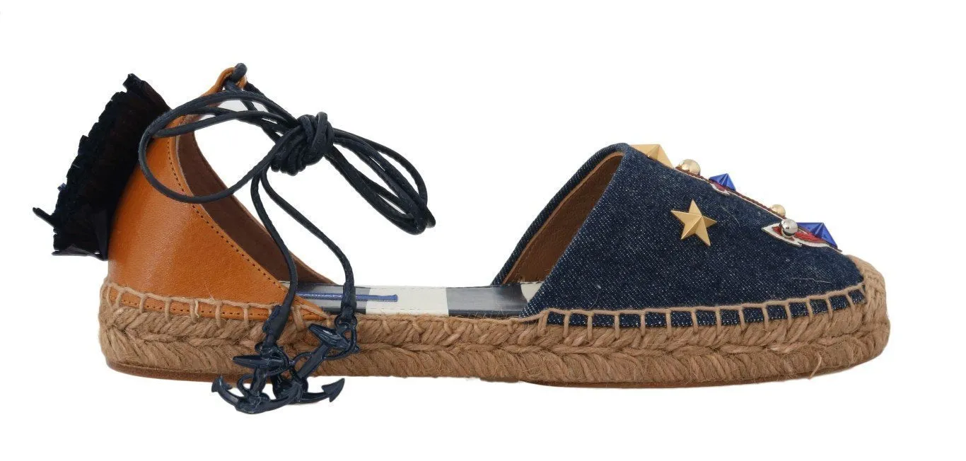 Blue Denim Leather Espadrilles Shoes