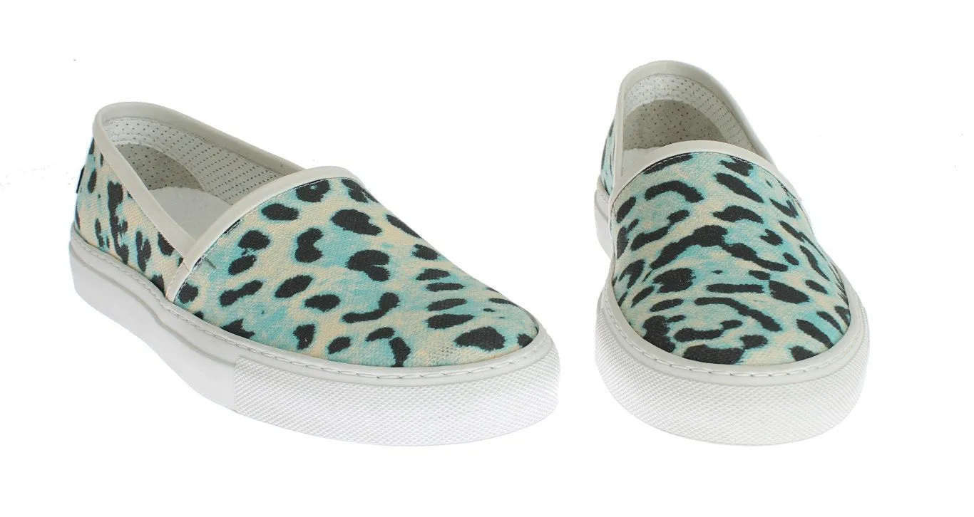 Blue Leopard Canvas Leather Espadrilles Shoes