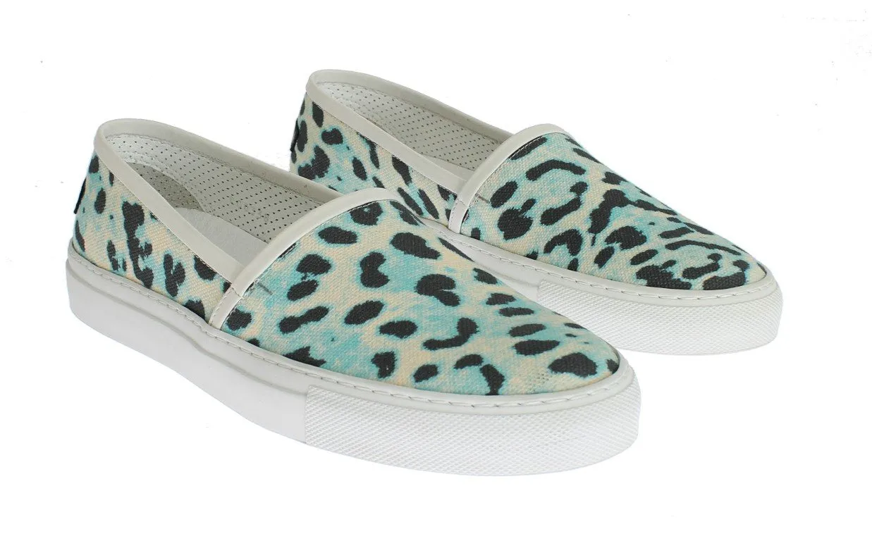 Blue Leopard Canvas Leather Espadrilles Shoes