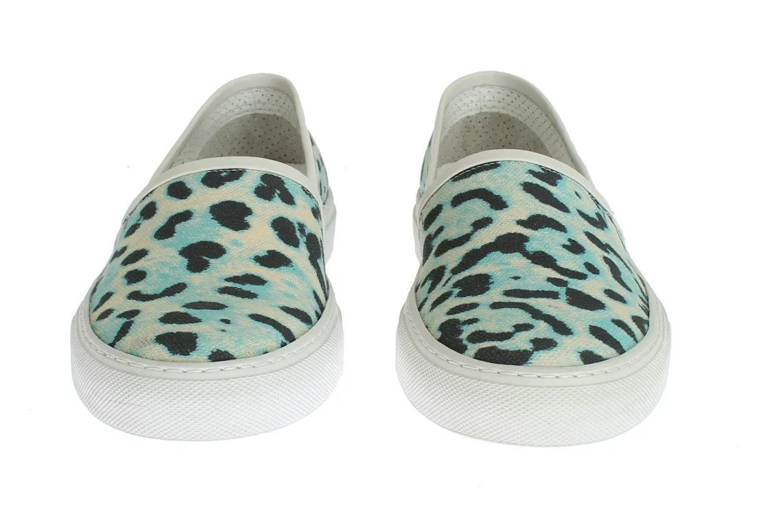 Blue Leopard Canvas Leather Espadrilles Shoes