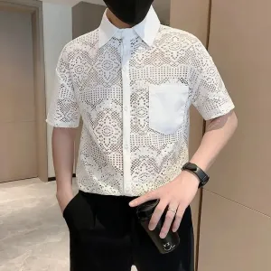 Bonsir Men's Korean Fashion Sexy Hollow Luxury Business Casual Button Down Shirt Summer Black White Short Sleeve Slim Tops Ropa Hombre