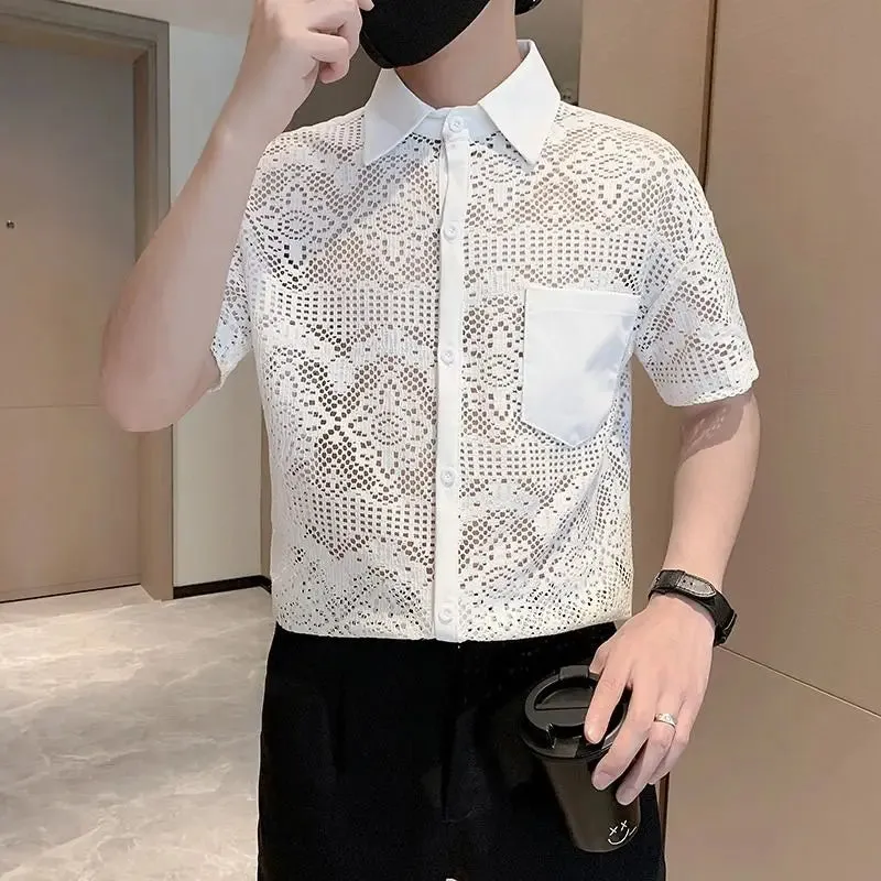 Bonsir Men's Korean Fashion Sexy Hollow Luxury Business Casual Button Down Shirt Summer Black White Short Sleeve Slim Tops Ropa Hombre