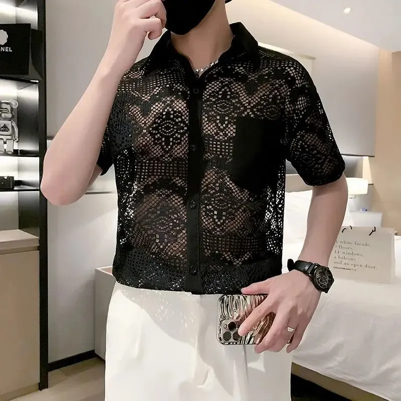 Bonsir Men's Korean Fashion Sexy Hollow Luxury Business Casual Button Down Shirt Summer Black White Short Sleeve Slim Tops Ropa Hombre