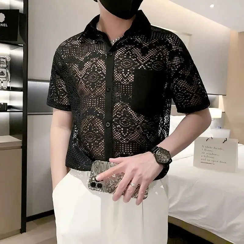 Bonsir Men's Korean Fashion Sexy Hollow Luxury Business Casual Button Down Shirt Summer Black White Short Sleeve Slim Tops Ropa Hombre