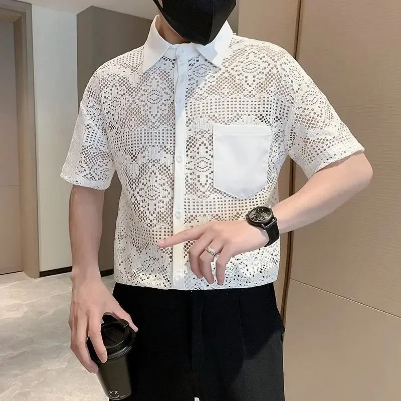 Bonsir Men's Korean Fashion Sexy Hollow Luxury Business Casual Button Down Shirt Summer Black White Short Sleeve Slim Tops Ropa Hombre