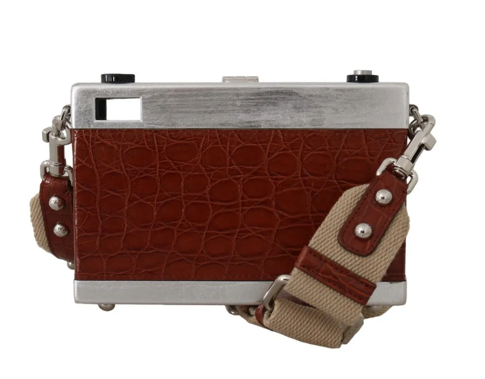 Camera Case Brown Caiman Crocodile Silver Wood Purse