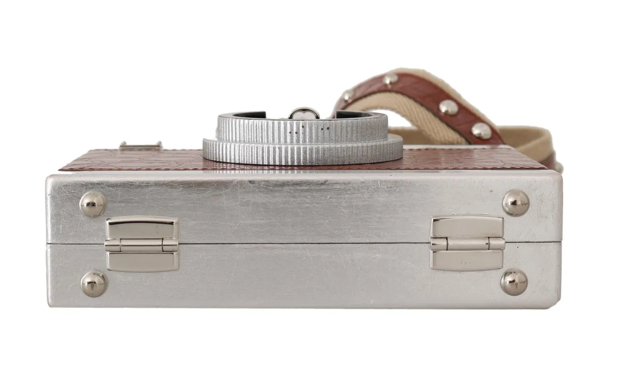 Camera Case Brown Caiman Crocodile Silver Wood Purse