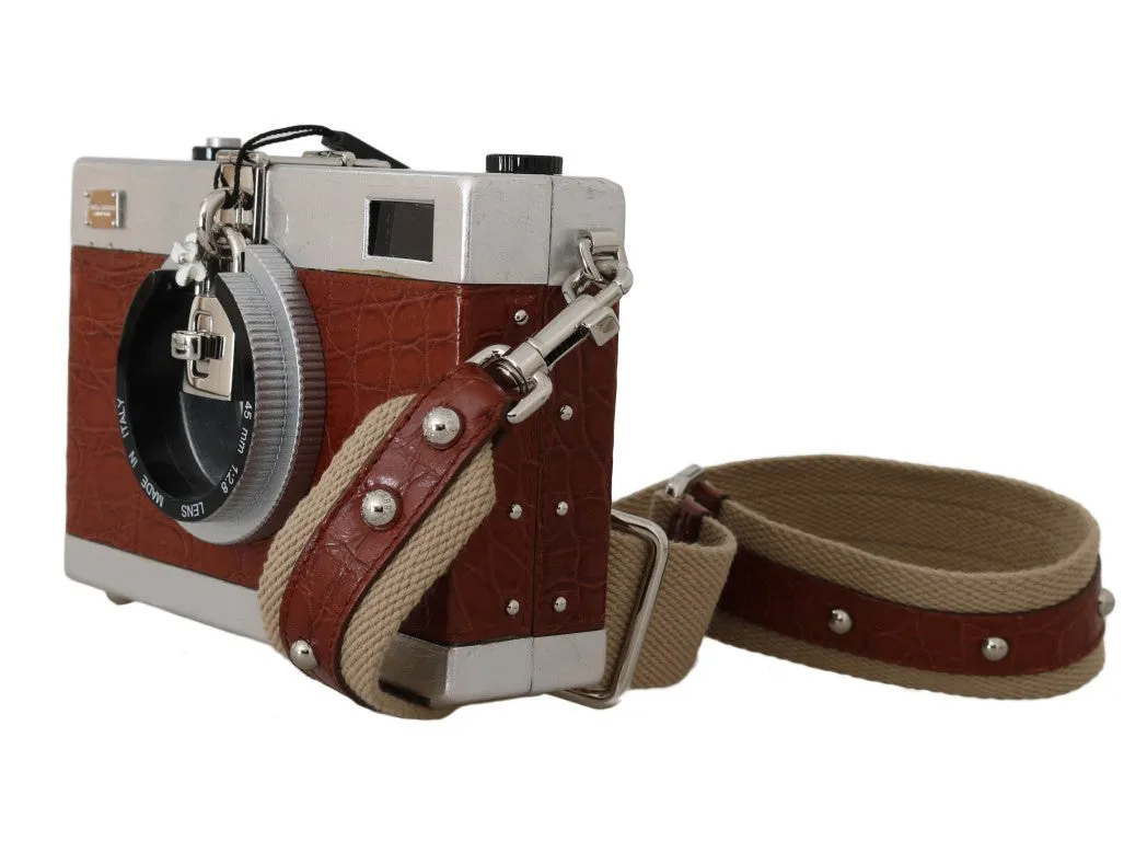 Camera Case Brown Caiman Crocodile Silver Wood Purse