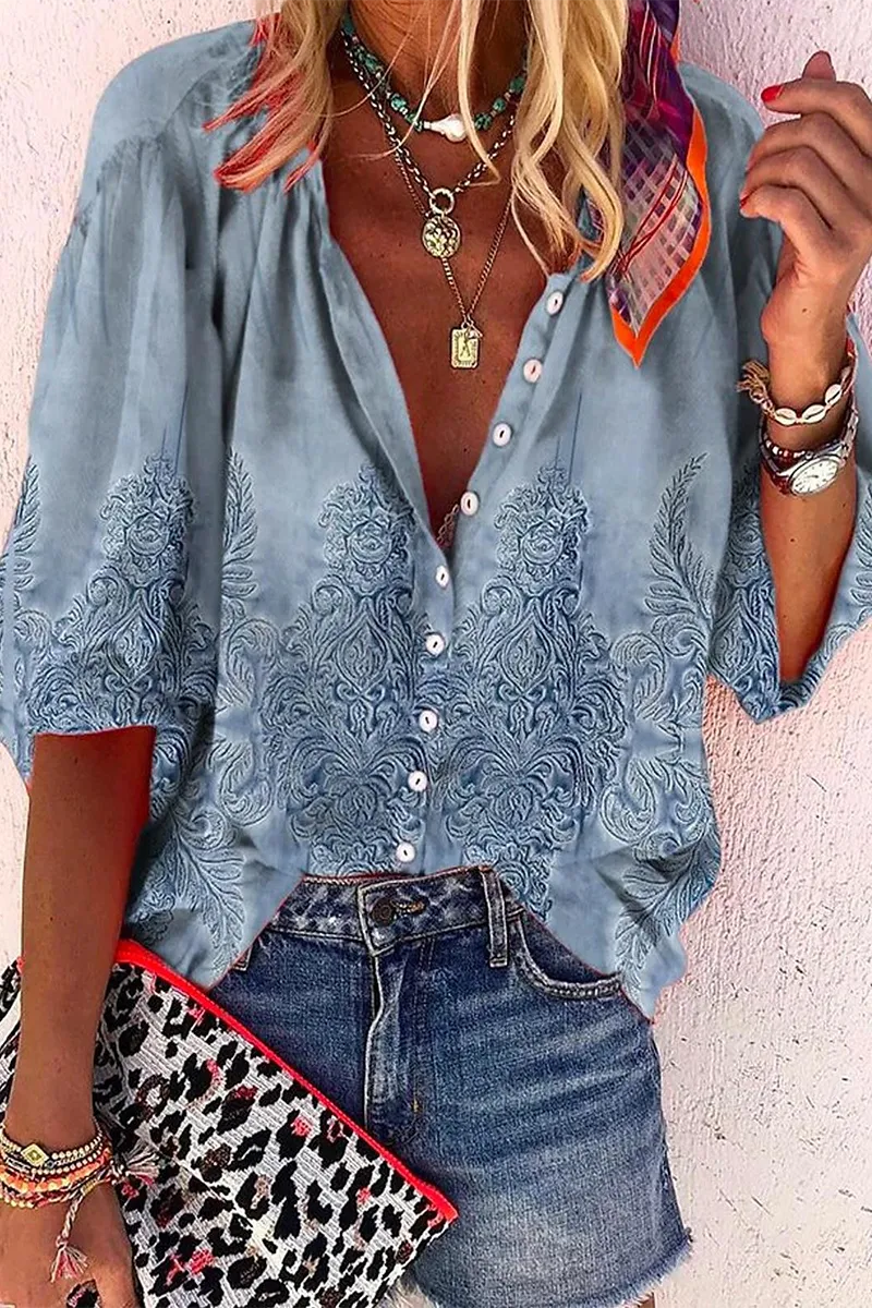 Casual Daily Striped Print Buttons Contrast V Neck Blouses(8 Colors)