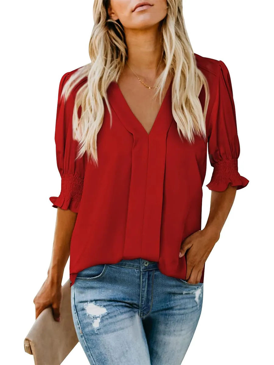 Casual V Neck Puff Sleeve Shirts