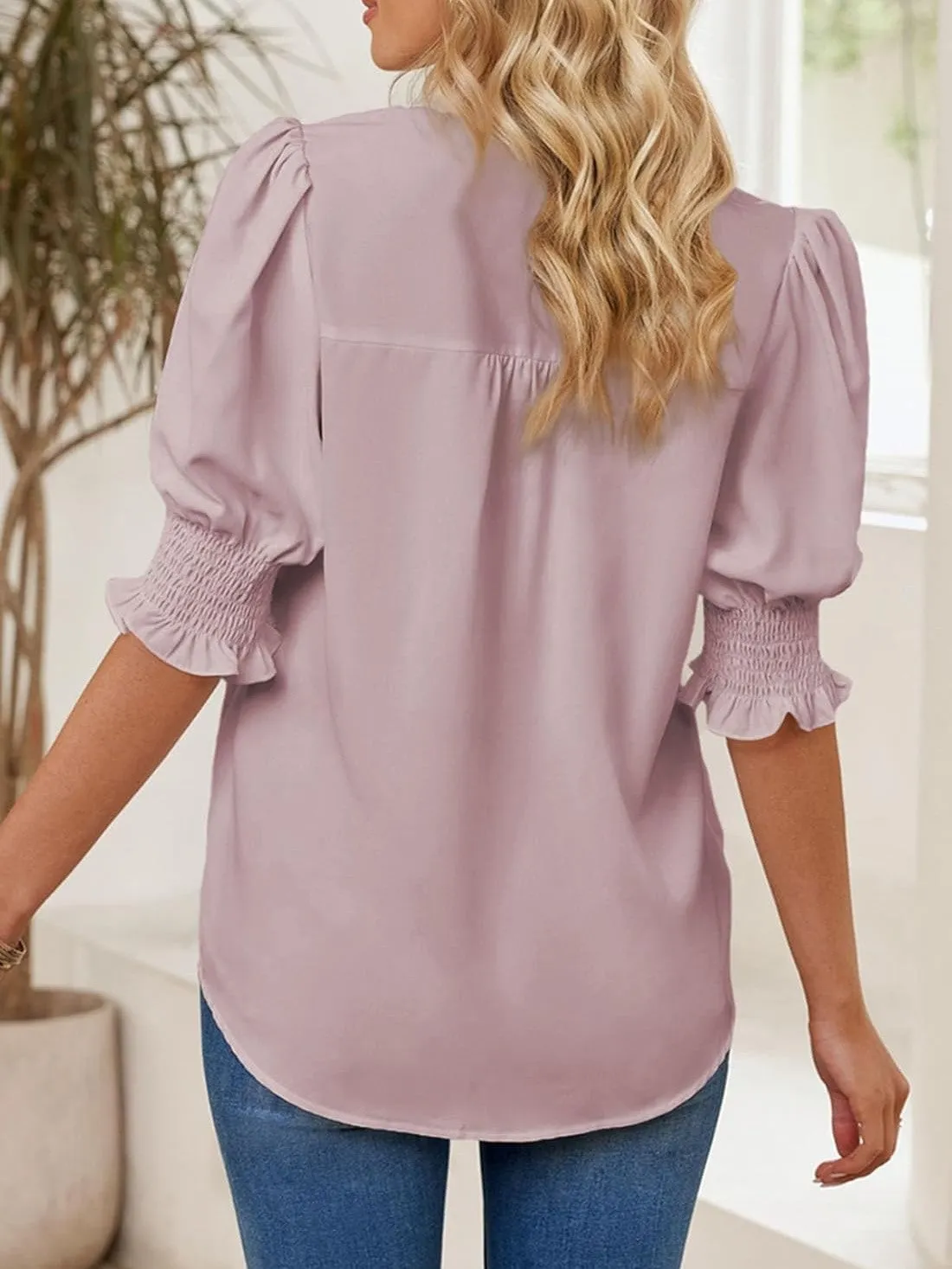 Casual V Neck Puff Sleeve Shirts