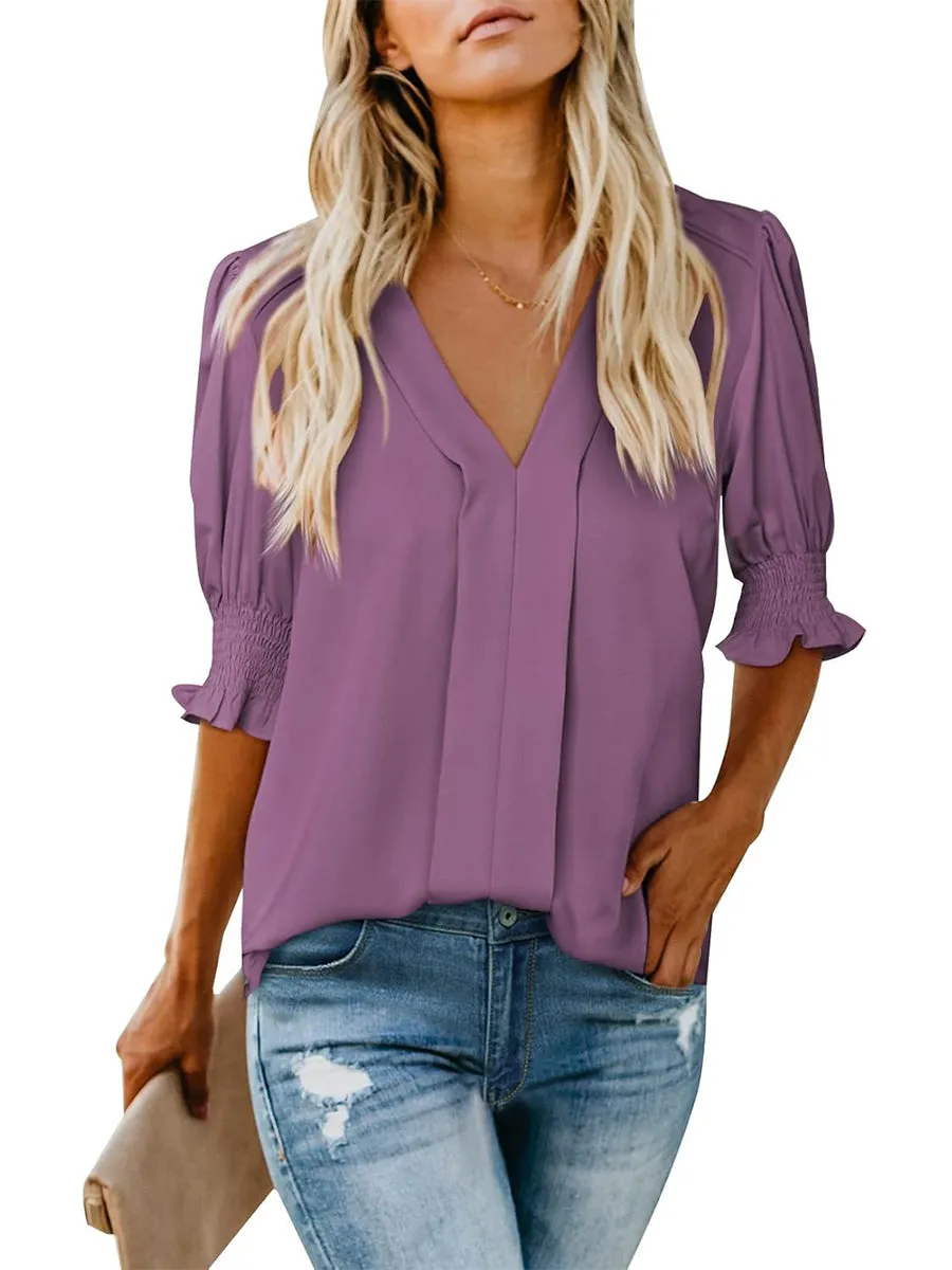 Casual V Neck Puff Sleeve Shirts