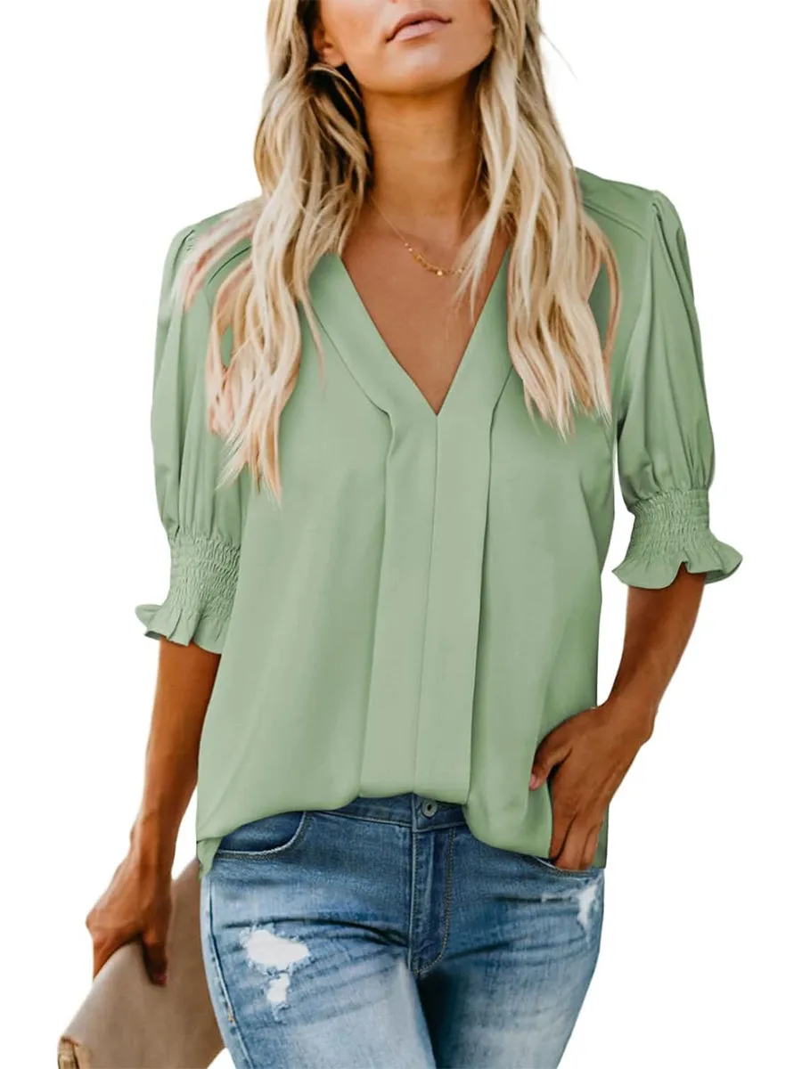 Casual V Neck Puff Sleeve Shirts