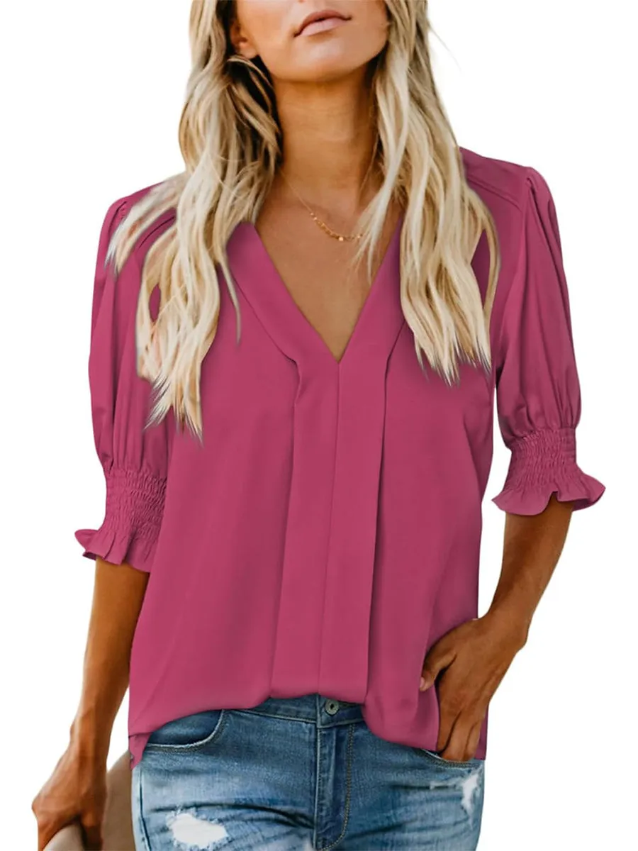 Casual V Neck Puff Sleeve Shirts