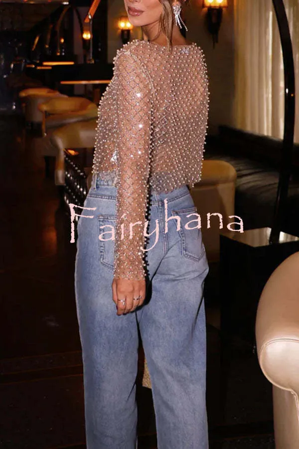 Champagne Kiss Sparkling Pearls Long Sleeve Loose Sheer Top