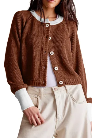 Chouyatou Women Knitted Button Down Cropped Cardigan Jacket Sweater Y2k Fall Knit Color Block Sweater Crewneck Crop Short Coat