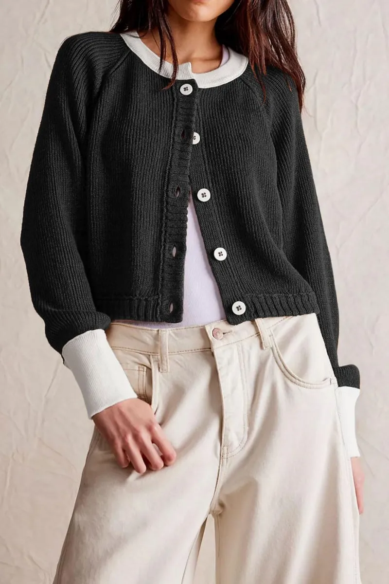 Chouyatou Women Knitted Button Down Cropped Cardigan Jacket Sweater Y2k Fall Knit Color Block Sweater Crewneck Crop Short Coat