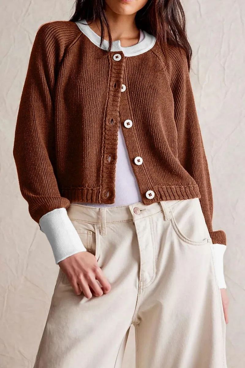 Chouyatou Women Knitted Button Down Cropped Cardigan Jacket Sweater Y2k Fall Knit Color Block Sweater Crewneck Crop Short Coat