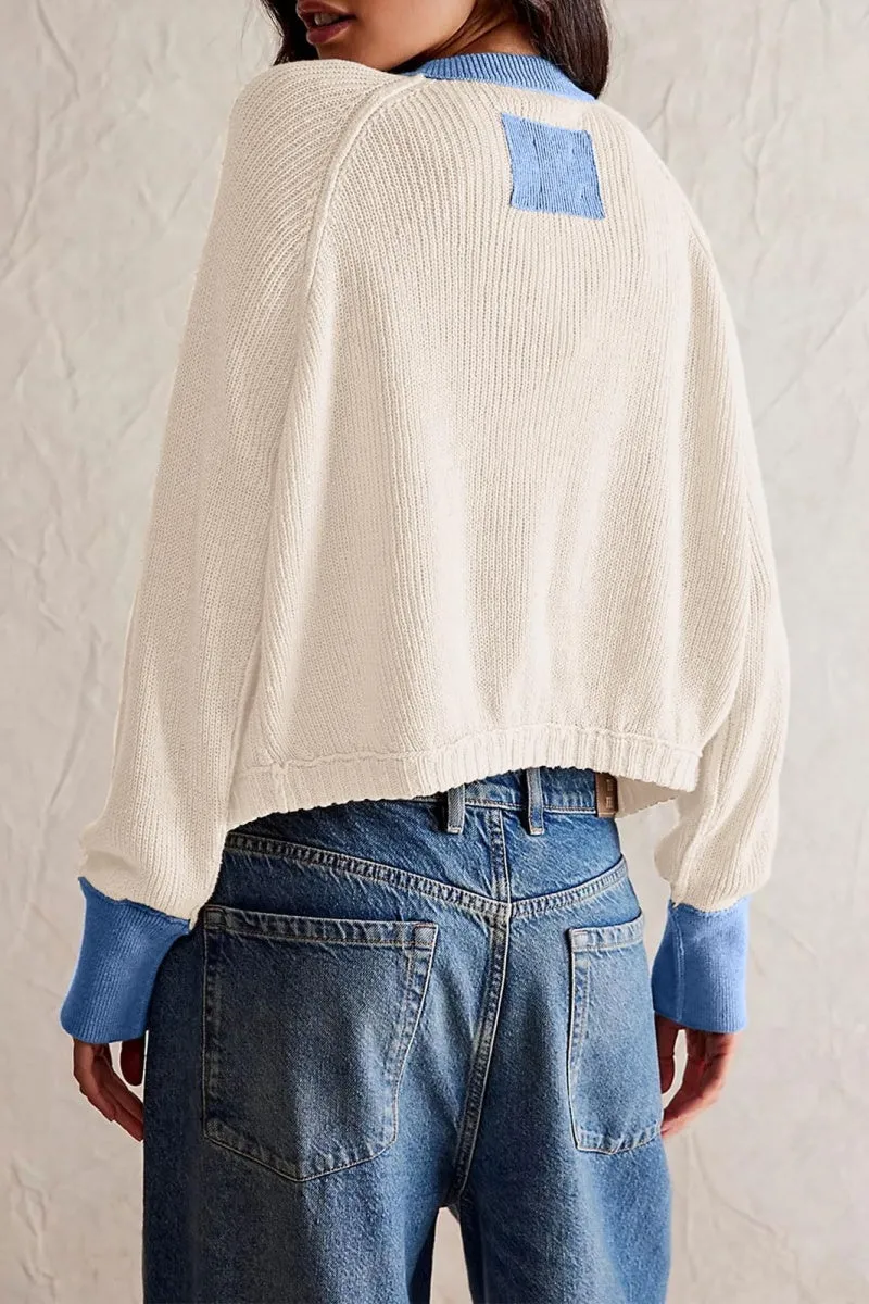 Chouyatou Women Knitted Button Down Cropped Cardigan Jacket Sweater Y2k Fall Knit Color Block Sweater Crewneck Crop Short Coat