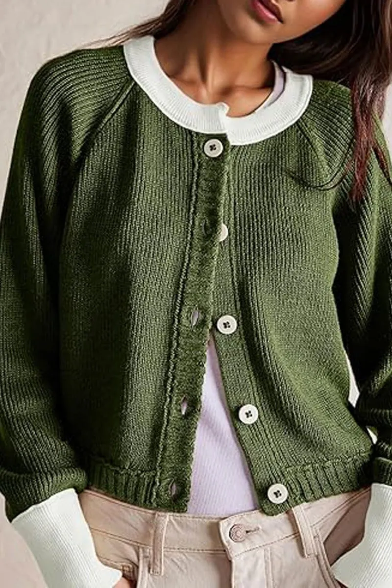 Chouyatou Women Knitted Button Down Cropped Cardigan Jacket Sweater Y2k Fall Knit Color Block Sweater Crewneck Crop Short Coat