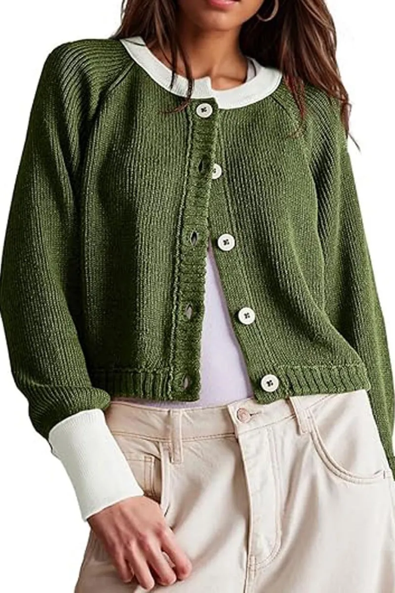 Chouyatou Women Knitted Button Down Cropped Cardigan Jacket Sweater Y2k Fall Knit Color Block Sweater Crewneck Crop Short Coat