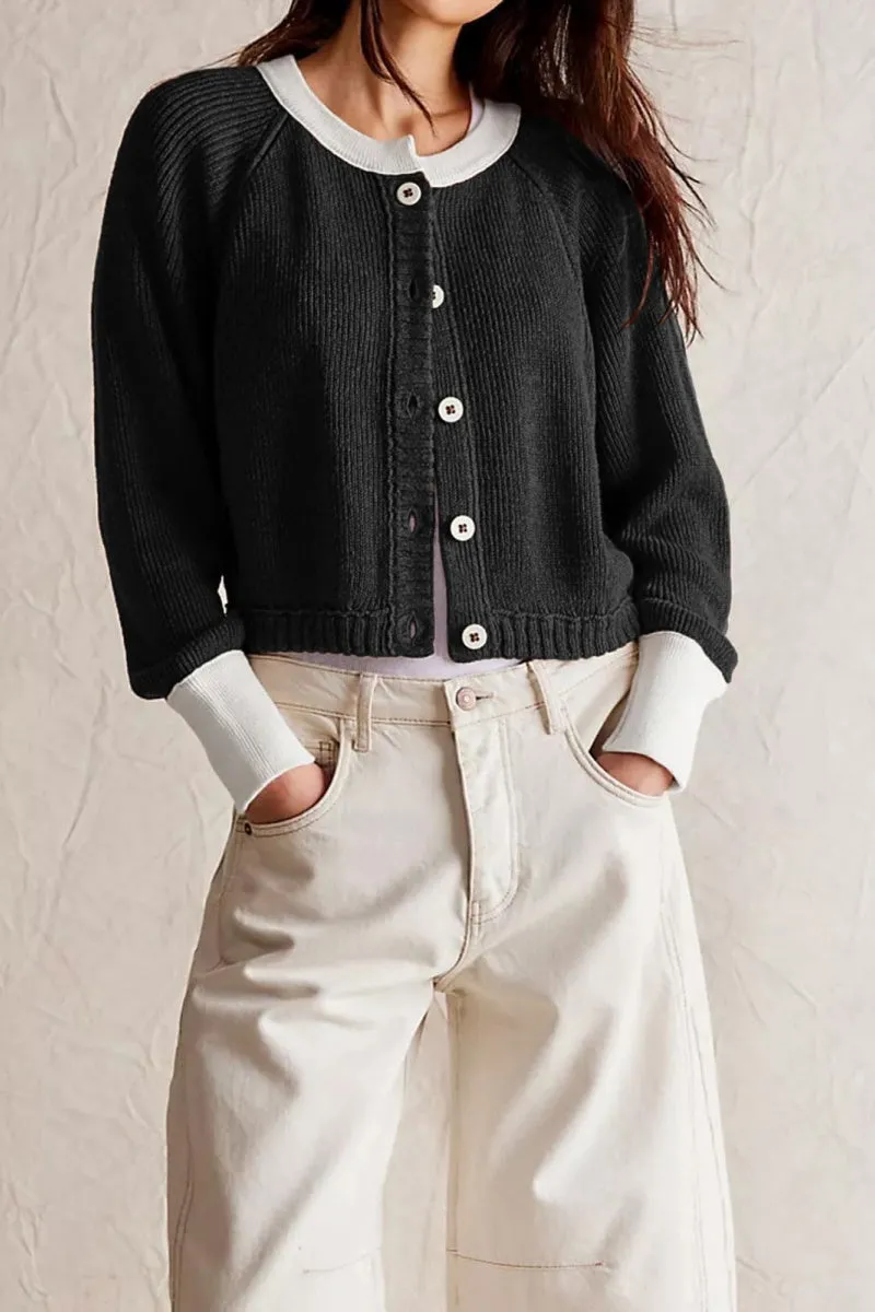 Chouyatou Women Knitted Button Down Cropped Cardigan Jacket Sweater Y2k Fall Knit Color Block Sweater Crewneck Crop Short Coat