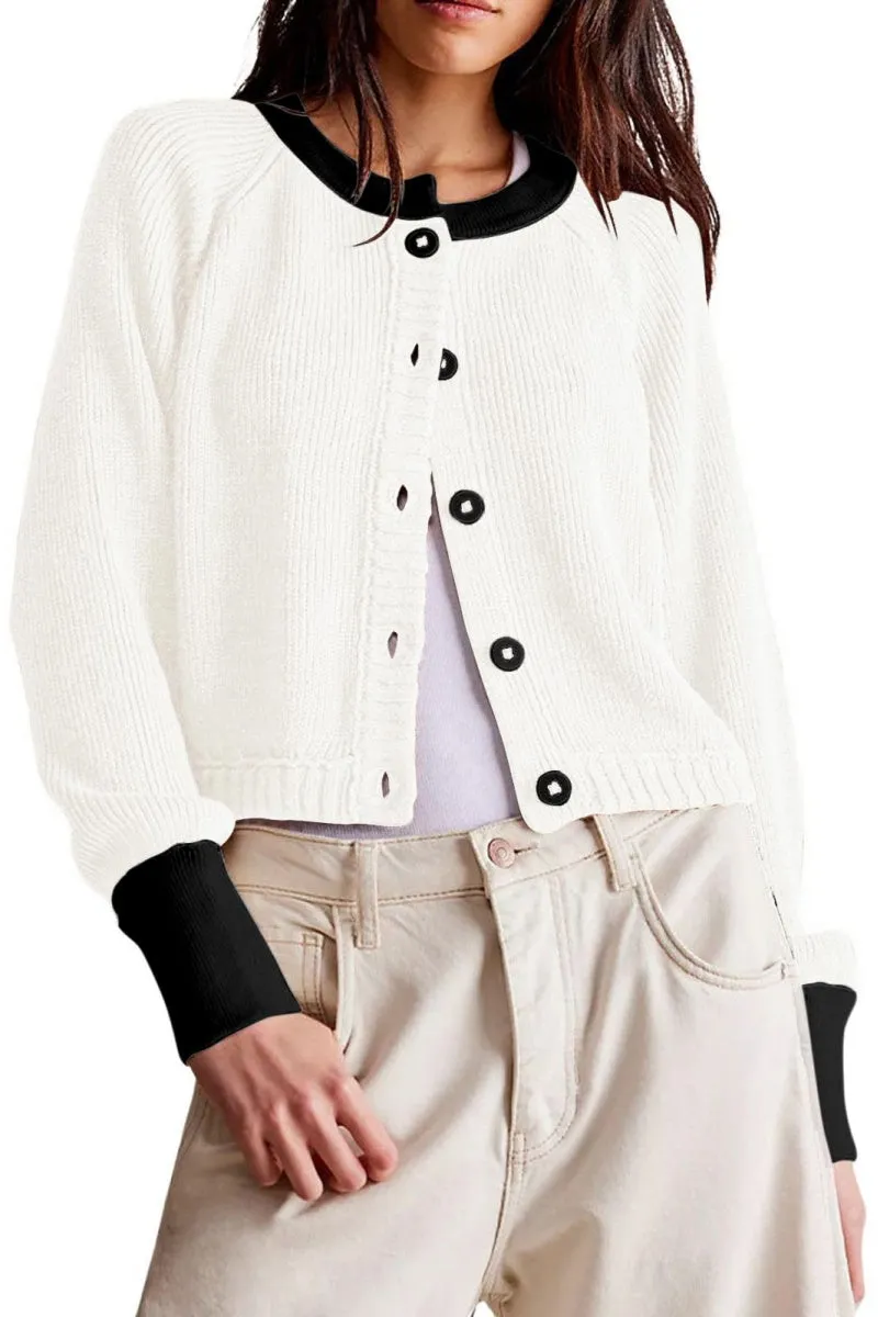 Chouyatou Women Knitted Button Down Cropped Cardigan Jacket Sweater Y2k Fall Knit Color Block Sweater Crewneck Crop Short Coat