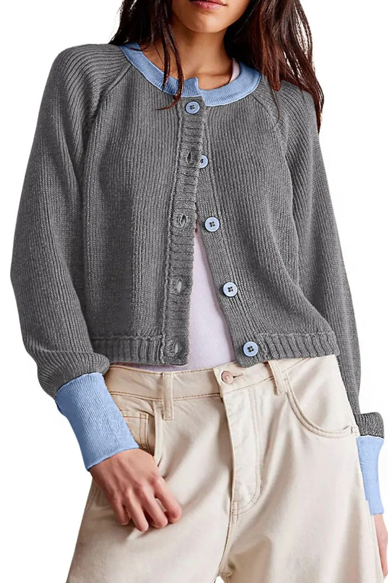 Chouyatou Women Knitted Button Down Cropped Cardigan Jacket Sweater Y2k Fall Knit Color Block Sweater Crewneck Crop Short Coat