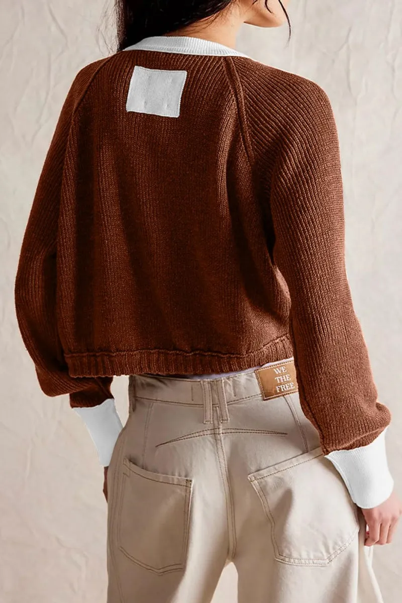 Chouyatou Women Knitted Button Down Cropped Cardigan Jacket Sweater Y2k Fall Knit Color Block Sweater Crewneck Crop Short Coat